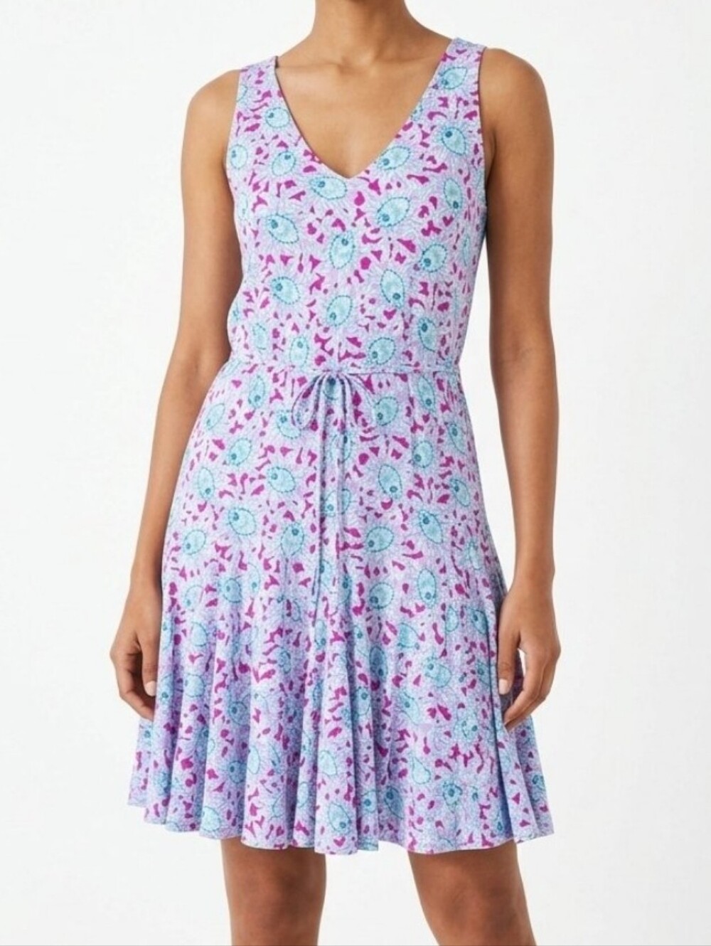 Loft Pink White Green Floral Peacock Feather Sleeveless Tie Waist VNECK Jersey S